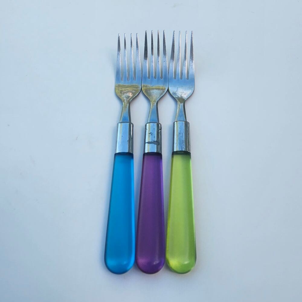 Set 3 Colorful Acrylic Handle Stainless Steel Dinner Forks Blue Purple Green